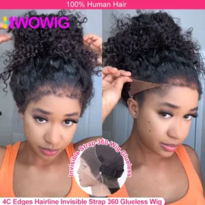 4C Edges Invisible Strap 360 HD Full Lace Frontal Glueless Wig Kinky Curly Human Hair Wig 30 Inch Deep Wave Curly Lace Front Wig