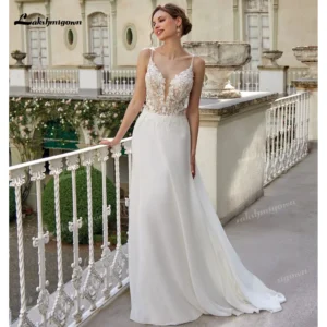 Elegant Chiffon V Neck Boho Wedding Dress 2026 A-Line Lace Applique Bridal Gown Spaghetti Strap Backless Wedding Gown Customized