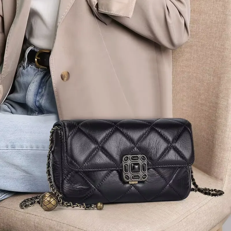 Bag women real leather summer shoulder chain bag women's bag new small golden ball bag diamond chain messenger bag