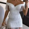 White Fringe Celebrity Evening Runway Party Dress Women Sexy Tassels Short Sleeve Club Dress Vestidos