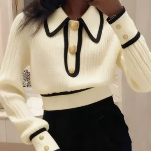 0chic Lapel Long Sleeve Sweater Women 2025 Stripes Elegant Short Knitted Pullover Female Casual Office Warm Soft Tops Clothes