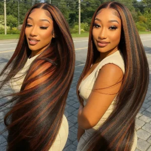 1B/30 Highlight Omber Brown Colored Wigs Human Hair 30 Inch 200% Density 13x4 Bone Straight HD Lace Front Wig Human Hair On Sale