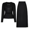 High Quality Spring And Autumn New Style Bright Silk Nail Bead Bow Belt Top Knitted Cardigan+half Skirt Slim Fit Women's Set
