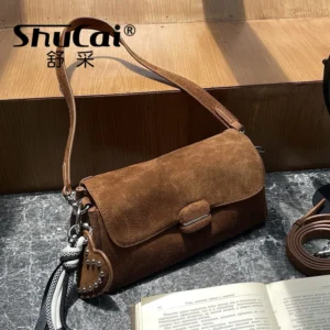 Genuine Grade Luxury Designer Women's Shoulder Bag Red Green French Style Suede Cow Leather Female Crossbody Bag Daily-use Purse