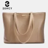 Zency Soft Cowhide Leather Women Shoulder Bag Tote Handbag Large Capacity Lady Shopping Bag Front Pocket For Notebook Phone iPad