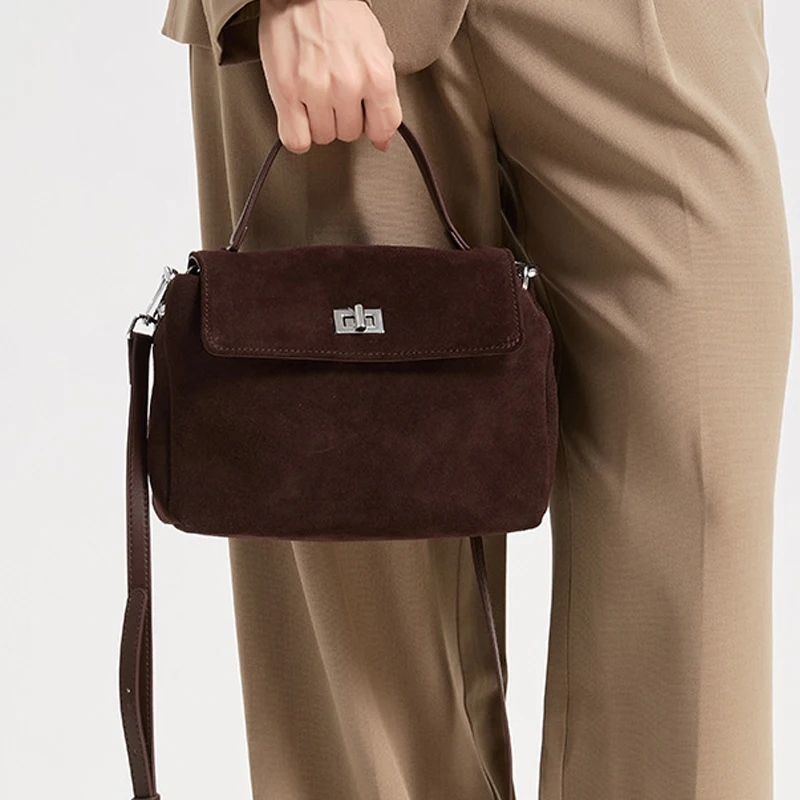 Vintage Natural Suede Leather Women Handbag Luxury Designer Genuine Leather Commuting Shoulder Crossbody Bags 2025 Autumn Winter
