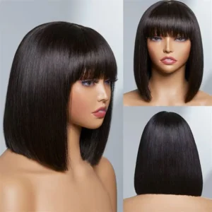 Straight Short Bob Human Hair Wigs With Bangs Full Machine Made 3x1 Lace Middle Part Fringe Bob Wig For Women