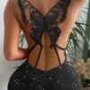 Sexy Spicy Girl Glitter Butterfly Pattern Hollow Out Bodycon Dress Night Out Women Fashion Spaghetti Strap Skinny Party Dresses