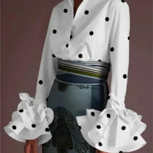 Women Elegant Flared Sleeves Falbala Blouses Tops Spring Autumn New Casual Solid Color Office Lapel Buttons Shirts Tops