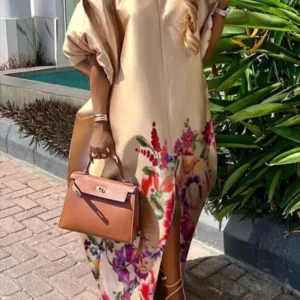 Freeacy Women's Elegant Floral Printed Maxi Dress Boat Neck Puff Sleeves H-line Splited Evening Dresses Floor Length Party Dress