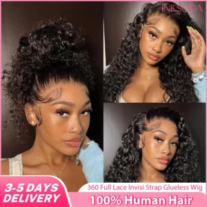 Hidden Strap Curly 360 Full Lace Front Wig Human Hair Invisible Strap Deep Wave 360 Glueless Wigs with Drawstring 220 Density