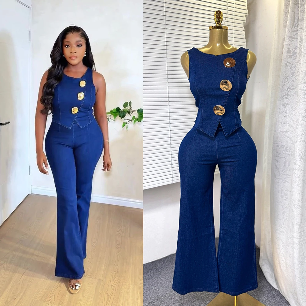 Fashion Denim Women Loungewear Sets Sleeveless Button Tank Tops and Wide Leg Jean Pants Suit 2025 Holiday Outfits 2 Piece Set
