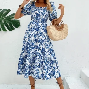 Elegant Direction Long Floral Print Dress with Collar Floral Print Maxi Dress Women's Fashion Elegant Style