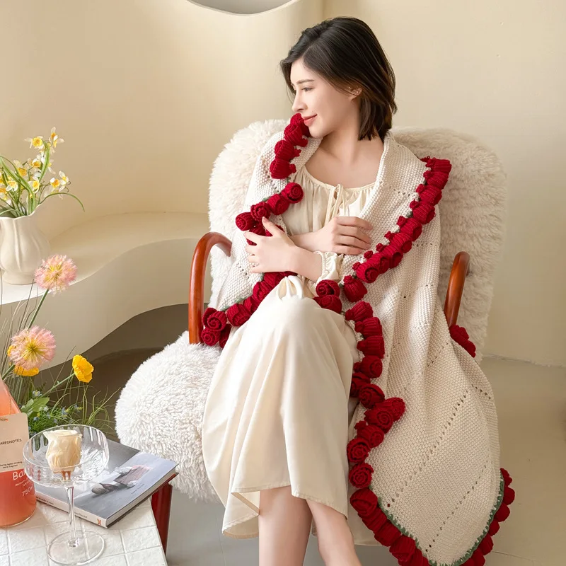 1pc Rose Winter Blankets Handmade Car Office Cover Blanket Flowers Shawl for Mother's Day Wedding New Year Valentine's Day Gifts