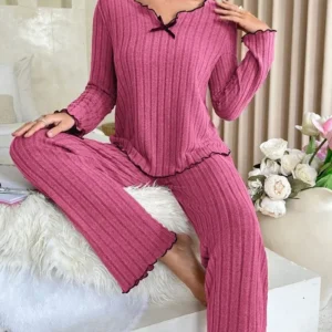 Women Autumn Winter Sleepwear Ribbed Pajamas Set Long Sleeve Top and Long Pants 2 Piece Set Casual Homewear Loungewear