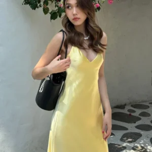 Yellow Satin V Neck Sing Long Dresses Women Fashion  Backless Sleeveless Maxi Robes Fashion Female Evening Party Club Gowns