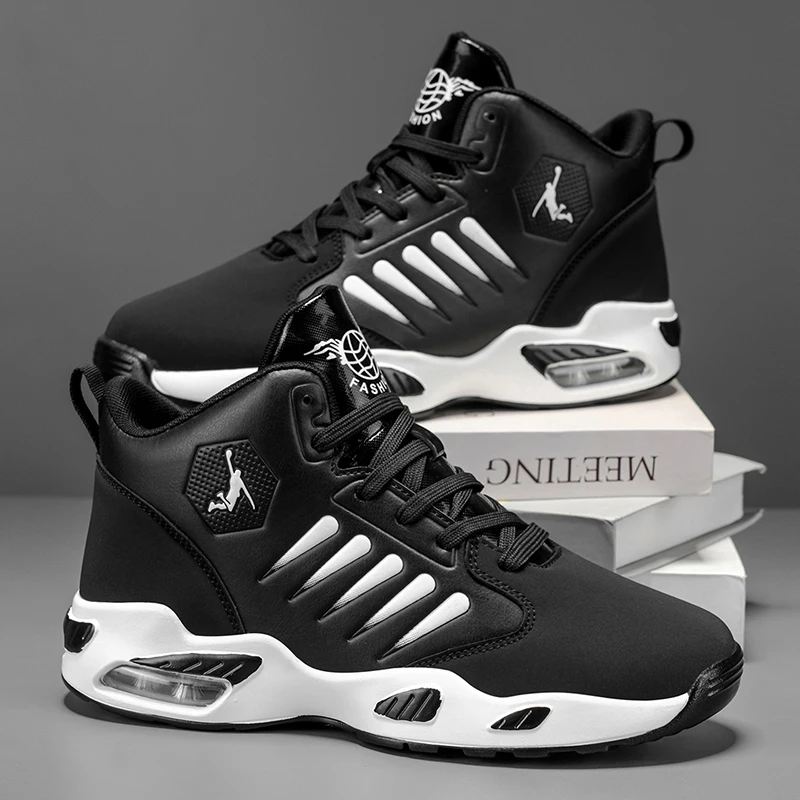 Men's High-Top Basketball Shoes, Featuring a Breathable Mesh Design for Maximum Comfort Outdoor Shock-Absorbing Running Shoes, High Rebound Cushioning Technology, Makes Running Smoother and More Comfortable, Enhances Support, Stylish White Design, Suitable for Athletic Performance and Everyday Wear.