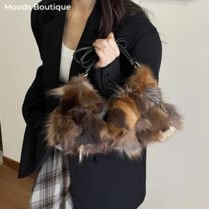 Winter Warm Fox Fur Shoulder Hobo Bags For Women Latest Luxury Designer Purses And Handbags Elegant Evening Bag For Dinner Party