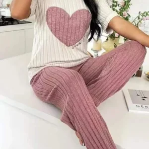 Women's new style pajamas set heart pattern short sleeve shirt trousers two-piece simple and lovely casual home wear