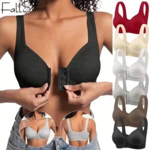 Fallsweet Seamless Front Closure Bra For Women Solid Wire-Free Push Up Bralette Full Coverage Fixed Cups Comfortable Underwear