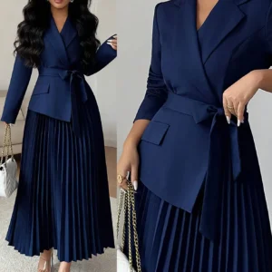 Navy Blue Faux Two-Piece Pleated Dress with Belted Waist & Suit Collar for Office, Party & Winter Events