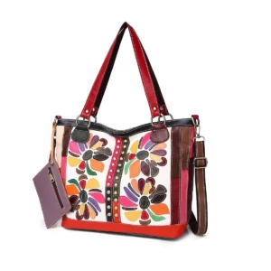 Women's Genuine Leather Crossbody Bag with Colorful Flower Pattern Retro Rivet Lock Hand-held Shoulder Bag Stylish Stitching