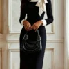 Autumn Professional Elegance Goddess Style Bow Tie Tailored Color-blocked Career Dress for Women