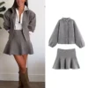 TFMLN Women's Knitted Mini Skirt Set Long Sleeve Loose Bomber Jacket Top A-Line Short Skirt Autumn Winter New Elegant Suit