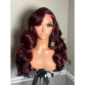 34 Inch 200% 99J Burgundy Color 13x4 Transparent Lace Frontal Wigs Human Hair Body Wave Pre Plucked With Baby Hair For Women