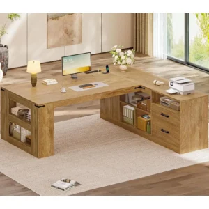 Large L-Shaped Office Desk with Storage, Power Outlets, and Lateral File Cabinet in Oak Finish