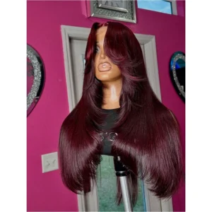 200% Burgundy Bone Straight 34 Inch 13x4 HD Transparent Lace Frontal Wigs Red 99J Colored Pre Plucked With Baby Hair For Women