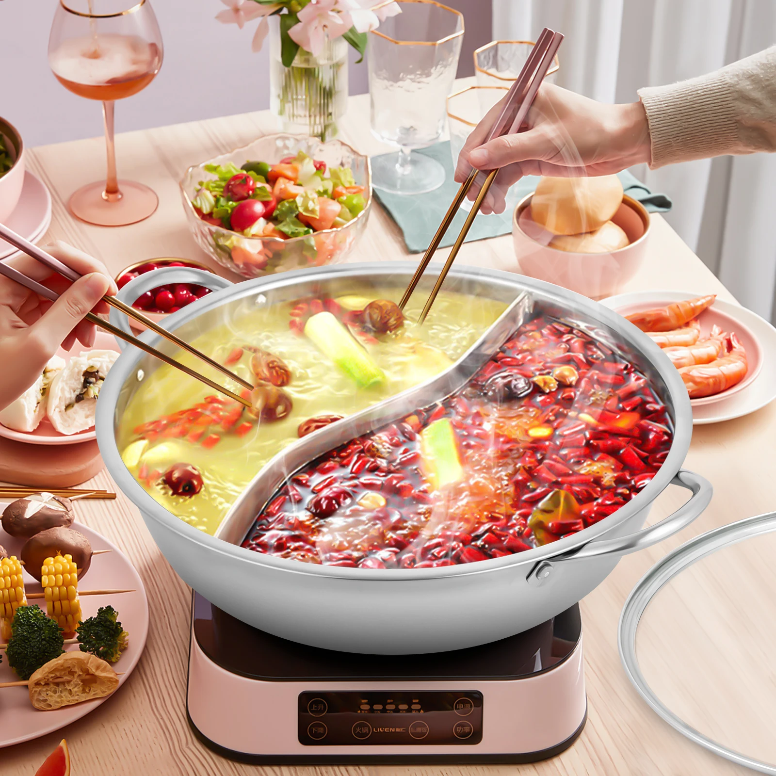 28/32/34cm 304 Stainless Steel Hot Pot with Divider Hot Pot Set Pot with Glass Lid Hot Pot with Spoon and Leaky Spoon