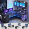 L-Shaped Gaming Desk with LED Lights, Drawers, and Power Outlet for Home Office