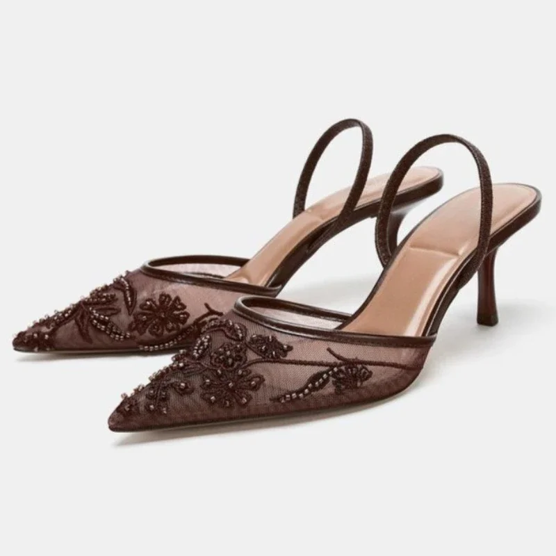 Sexy Pointed Toe Mesh Embroider High Heels for ladies Elegant String Bead pumps Summer Luxury Designer Shoe Brown Heeled Sandals