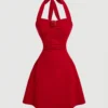 Red Bow Halter Dress Female New Autumn Spice Girl Pleated Fashion Waist Show Thin Short Skirt Trend