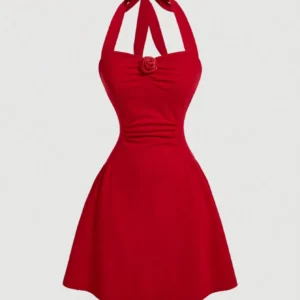 Red Bow Halter Dress Female New Autumn Spice Girl Pleated Fashion Waist Show Thin Short Skirt Trend