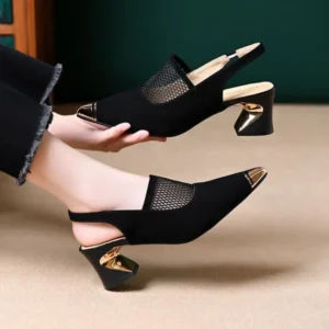 Women Toe Cap Sandals Pointed Toe Backless 2026 Summer New Arrival Soft Leather Mid Block Heel Cutout Mesh Mom Shoes