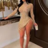 Znaiml Luxury 2023 Evening Celebrity Feathers Sheer Mesh Short Dresses for Women Sexy Pearls Rhinestones Party Birthday Vestidos