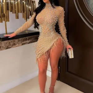Znaiml Luxury 2023 Evening Celebrity Feathers Sheer Mesh Short Dresses for Women Sexy Pearls Rhinestones Party Birthday Vestidos