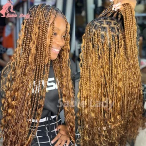 Boho Braided Wigs Synthetic Full Lace Front Wigs Blonde Curly Ends Hair Goddess Locs Cornrows Braid Wigs Knotless Box Braids Wig