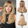 Golden Blonde Mixed Synthetic Wig for Women with Dark Root Wavy Hair Side Bangs Heat Resistant Fiber for Daily Party Cosplay