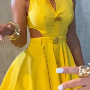 Summer Solid Color High Waist Pleated Dresses Office Lady Lapel Button A-line Dress Sexy Hollow Out Sleeveless Slim Short Dress