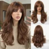 Allbell Magique Brown Long Wig With Bangs Heat Resistant Long Wavy Burgundy Curly Synthetic Hair for Women Daily Party Use
