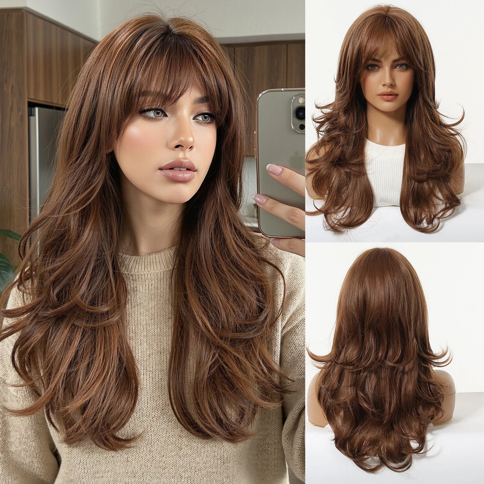 Allbell Magique Brown Long Wig With Bangs Heat Resistant Long Wavy Burgundy Curly Synthetic Hair for Women Daily Party Use