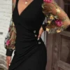 Elegant Floral Embroidered Bodycon Midi Dress with Sheer Mesh Sleeves and V-Neckline - Stylish Button Detail, Knee-Length for Wo