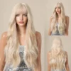 Allbell Magique Platinum Blonde Wig Long Wavy Synthetic Wig with Bangs Curly for Women Cosplay Party Daily Use Heat Resistant
