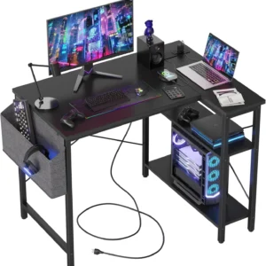 Compact L-Shaped Corner Desk with Built-in Power Outlets, Reversible Shelves for Home Office, 40-Inch Black
