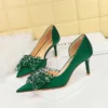 2024 New Rhinestone Women Pumps Bow knot Retro Pointed Toe High Heels Side Hollow Party Luxury Gemstone Stilettos Shoes