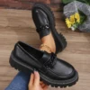 Women's Platform Loafers with Chain Decor Fashion Preppy Style Dress Shoes Woman Patent Leather Slip On Ladies Flats Plus Size