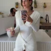 kliou Cross Ruffle Trim Women Mini Dress Simple Solid V-neck Ruched Full Sleeve Body-shaping Frock Female Classic Street Vestido